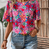 LUNE Camisa casual de verano estampada floral con cuello redondo