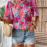 LUNE Camisa casual de verano estampada floral con cuello redondo