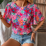 LUNE Camisa casual de verano estampada floral con cuello redondo