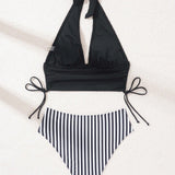 Swim Top de tankini de pliegues con correa de cuello halter y trajes de bano a rayas para mujer, conjunto de 2 piezas con estampados aleatorios