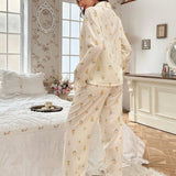 CottageSlumber Conjunto De pijama con estampado floral ribete con fruncido