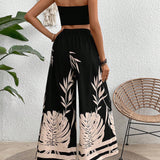 Frenchy Conjunto de verano para mujer de 2 piezas, top sin tirantes negro de estilo hawaiano y pantalones anchos estampados con flores