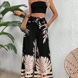 Frenchy Conjunto de verano para mujer de 2 piezas, top sin tirantes negro de estilo hawaiano y pantalones anchos estampados con flores