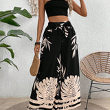Frenchy Conjunto de verano para mujer de 2 piezas, top sin tirantes negro de estilo hawaiano y pantalones anchos estampados con flores