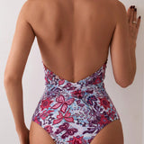 Swim Mujeres banador de una sola pieza sin espalda con estampado floral aleatorio y patron floral para el verano, ideal para la playa o la piscina