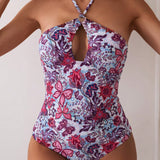 Swim Mujeres banador de una sola pieza sin espalda con estampado floral aleatorio y patron floral para el verano, ideal para la playa o la piscina