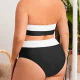 Swim Curve Conjunto de dos piezas de sujetador bandeau y bikini de talla grande, estilo de vacaciones de verano con bloques de color blanco y negro, perfecto para playa o piscina