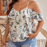 Frenchy Camisa de a grande para vacaciones de verano con tirantes espagueti, hombros descubiertos y estampado botanico