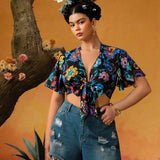 Frida Kahlo   Blusa de a grande con estampado tropical, mangas acampanadas y corte frontal con lazo, adecuada para vacaciones de verano