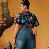 Frida Kahlo   Blusa de a grande con estampado tropical, mangas acampanadas y corte frontal con lazo, adecuada para vacaciones de verano