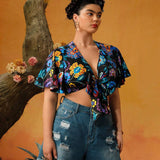 Frida Kahlo   Blusa de a grande con estampado tropical, mangas acampanadas y corte frontal con lazo, adecuada para vacaciones de verano