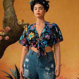 Frida Kahlo   Blusa de a grande con estampado tropical, mangas acampanadas y corte frontal con lazo, adecuada para vacaciones de verano