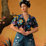 Frida Kahlo   Blusa de a grande con estampado tropical, mangas acampanadas y corte frontal con lazo, adecuada para vacaciones de verano