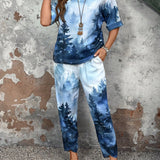 EMERY ROSE Conjunto de camisa y pantalon casual para mujer con estampado de paisaje para el verano