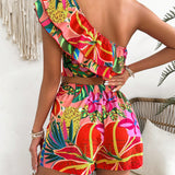 VCAY Conjunto de top con un hombro y shorts para mujer, con estampado de plantas tropicales, perfecto para vacaciones
