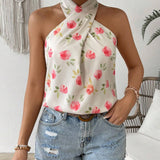 Blusa de vacaciones de ocio con estampado floral con escote halter