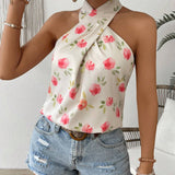 Blusa de vacaciones de ocio con estampado floral con escote halter