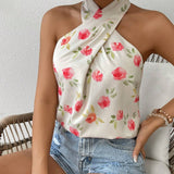 Blusa de vacaciones de ocio con estampado floral con escote halter