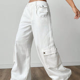 EZwear Mujeres pantalones blancos tejidos lisos