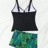 Swim Vcay Conjunto de tankini para mujer de 2 piezas con estilo de camiseta, traje de bano de vacaciones de verano con estampado aleatorio para playa