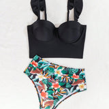 Swim Conjunto Tankini de 2 piezas para mujer, impresion aleatoria, diseno con capas y borde de volantes