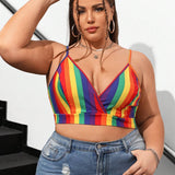 CURVE+ Camisola de bralette tejido de punto casual con estampado de rayas arcoiris de tamano grande y multicolor estirable