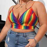 CURVE+ Camisola de bralette tejido de punto casual con estampado de rayas arcoiris de tamano grande y multicolor estirable