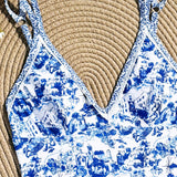 Swim Vcay Traje de bano de una pieza con cuello halter y estampado de playa para el resort