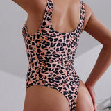 Swim Mujeres Traje de bano de una pieza con estampado de leopardo y detalles calados para playa y piscina