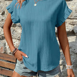 Camisa de manga corta con dobladillo de volantes, cuello redondo y diseno liso para mujer, temporada de primavera/verano