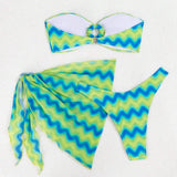 Swim Event Juego de bikini de tres piezas con top bandeau de natacion con bloques de colores, Bottom de triangulo y falda con nudos con anillos circulares para un look de vacaciones en el verano