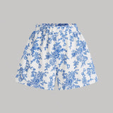 MOD Conjunto de top corto de hombros descubiertos impreso en azul y blanco con lazos en los hombros y shorts