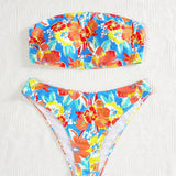 Swim Curve Conjunto de bikini sexy de talla grande con estampado floral para mujer en vacaciones con banda superior