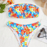 Swim Curve Conjunto de bikini sexy de talla grande con estampado floral para mujer en vacaciones con banda superior