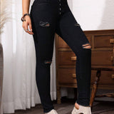 LUNE Jeans ajustados informales de unicolor para primavera/verano con detalles desgastados