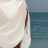 Swim Vcay Vestido cubre ropa de red para mujeres con aberturas laterales y unicolor para vacaciones en la playa