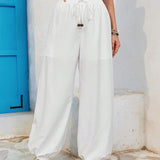 VCAY Pantalones holgados de tejer de cintura alta con estilo bohemio y unicolor para mujeres, ideales para vacaciones en la playa
