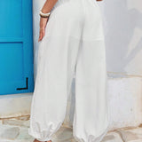 VCAY Pantalones holgados de tejer de cintura alta con estilo bohemio y unicolor para mujeres, ideales para vacaciones en la playa