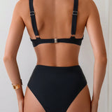 NEW  Swim Vcay Conjunto de dos piezas para mujer con chaleco tipo top de bikini con volantes en unicolor para verano, adecuado para usar en la playa o en la piscina.