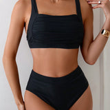 NEW  Swim Vcay Conjunto de dos piezas para mujer con chaleco tipo top de bikini con volantes en unicolor para verano, adecuado para usar en la playa o en la piscina.