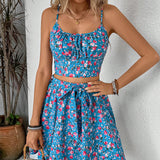 VCAY Conjunto de top y falda de tirantes de espagueti para mujer con estampado floral para vacaciones de verano