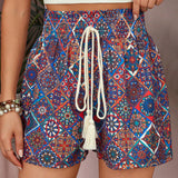 VCAY Shorts casuales para vacaciones de verano para mujer, con estampado floral geometrico retro y cordon ajustable