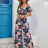VCAY Conjunto para mujer de blusa sin hombros y pantalones estampados florales para vacaciones de verano