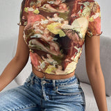 Prive Blusa de verano de malla vintage con personajes impresos para mujer, cuello alto y corte ajustado y corto