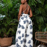 Slayr Conjunto de 2 piezas para vacaciones de verano, top halter y pantalones anchos sueltos impresos con plantas tropicales para mujeres