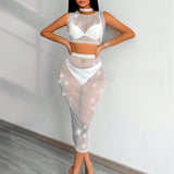 SXY Conjunto de crop top y falda de malla brillante y transparente para mujer, sexy y cenido al Body para el verano