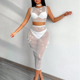 SXY Conjunto de crop top y falda de malla brillante y transparente para mujer, sexy y cenido al Body para el verano