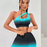 Yoga Party Conjunto de entrenamiento deportivo para mujer con top de tanque de deporte con hombro oblicuo y leggings degradados