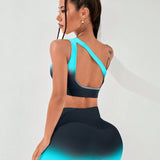 Yoga Party Conjunto de entrenamiento deportivo para mujer con top de tanque de deporte con hombro oblicuo y leggings degradados