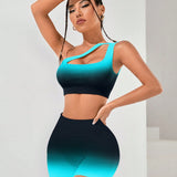 Yoga Party Conjunto de entrenamiento deportivo para mujer con top de tanque de deporte con hombro oblicuo y leggings degradados